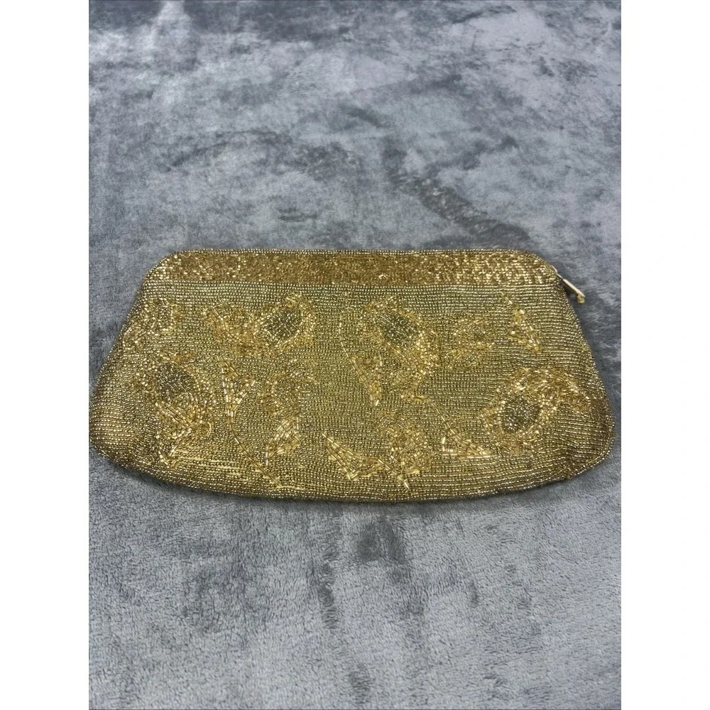 Vintage Handbag Sequence Gold Zip Purse Makeup 80s Retro Floral Seed‎ Bead Glam